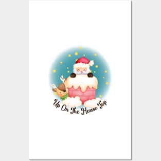 Cute Santa and Reindeer on the House Top Posters and Art